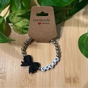 Silver Kids’ Stretchy Beaded Cheer Bracelet | Handmade | Silicone Bow 📣✨